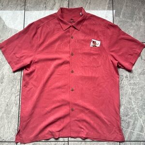 Tommy Bahama Mens Red 100%Silk Embroidered Short Sleeve ButtonUp Shirt Floral L